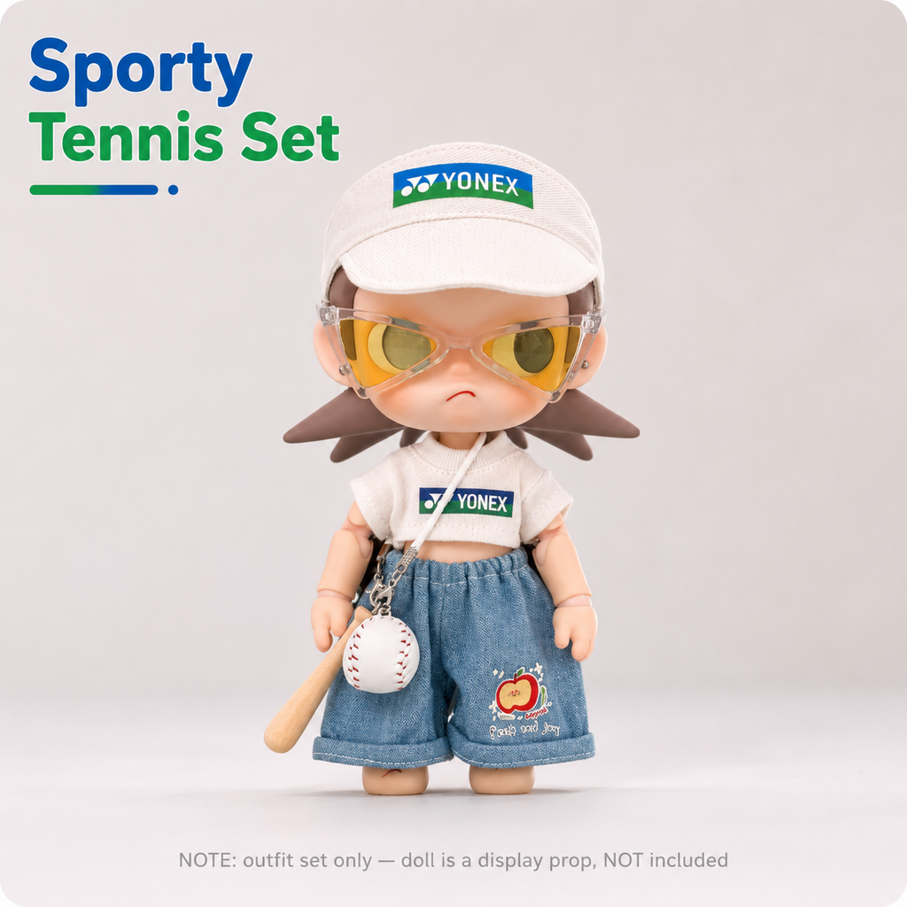 Sporty Visor Doll Outfit Set | Logo Tee + Denim Shorts + Sunglasses + Baseball Charm | Athleisure Doll Clothes