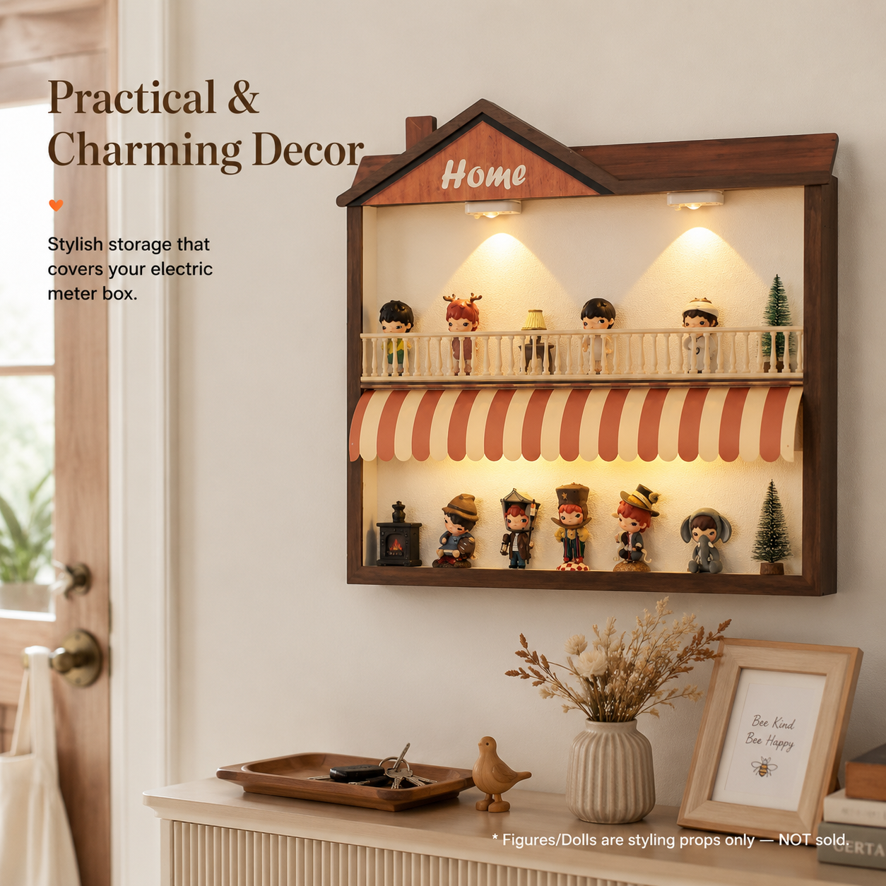 House-Shaped LED Shadow Box Shelf | Home 2-Tier Figure Display | Cozy Wall-Mounted Diorama Decor