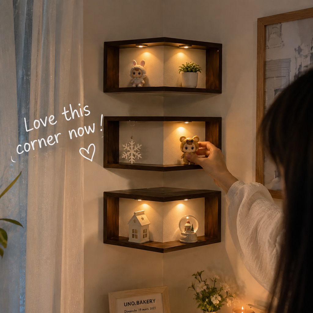 LED Corner Floating Shelves Set of 3 | Wall-Mounted Figure Display Shelf | Cozy Wood Collection Decor