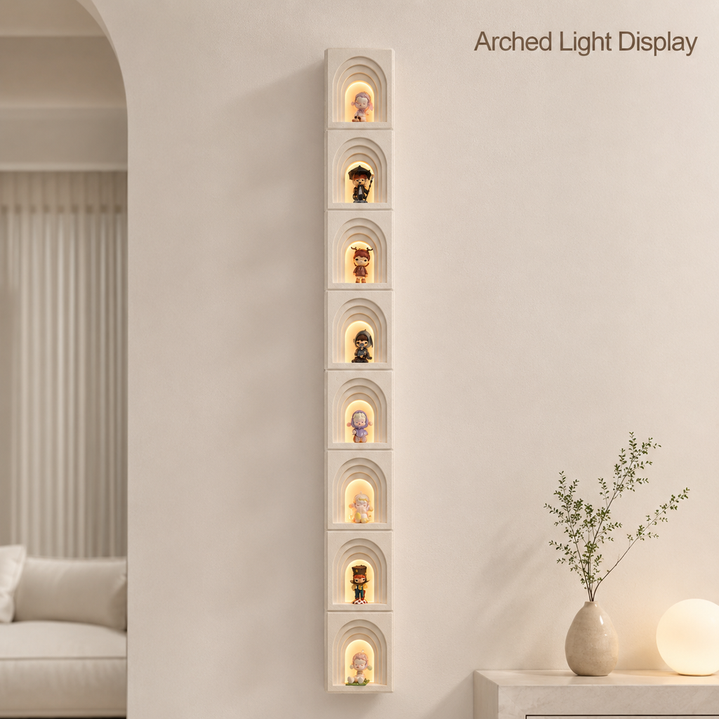 Tall Arched Niche LED Display Shelf | 8-Tier Corner-Wrap Figure Showcase | Vertical Wall-Mounted Collection Decor