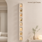 Tall Arched Niche LED Display Shelf | 8-Tier Corner-Wrap Figure Showcase | Vertical Wall-Mounted Collection Decor