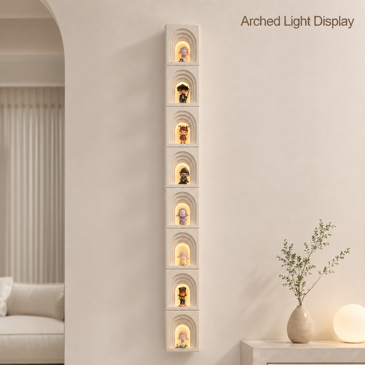 Tall Arched Niche LED Display Shelf | 8-Tier Corner-Wrap Figure Showcase | Vertical Wall-Mounted Collection Decor