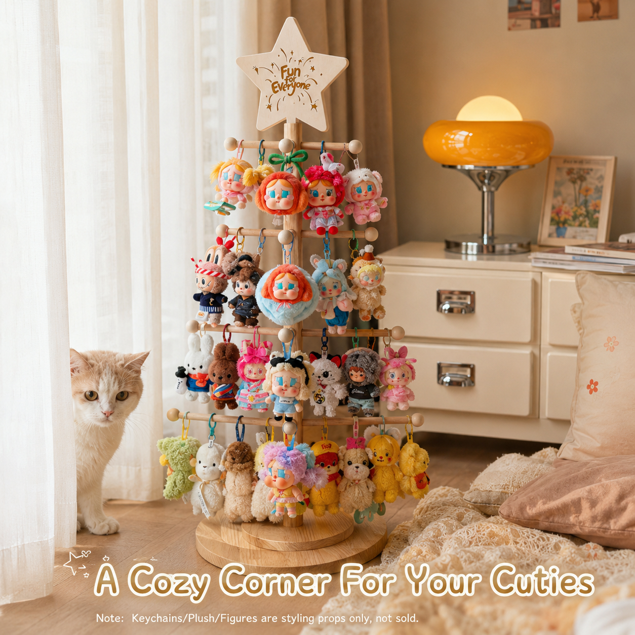 Rotating Wooden Keychain Display Stand | Plush Charm Organizer Tree | Star-Top Collection Showcase