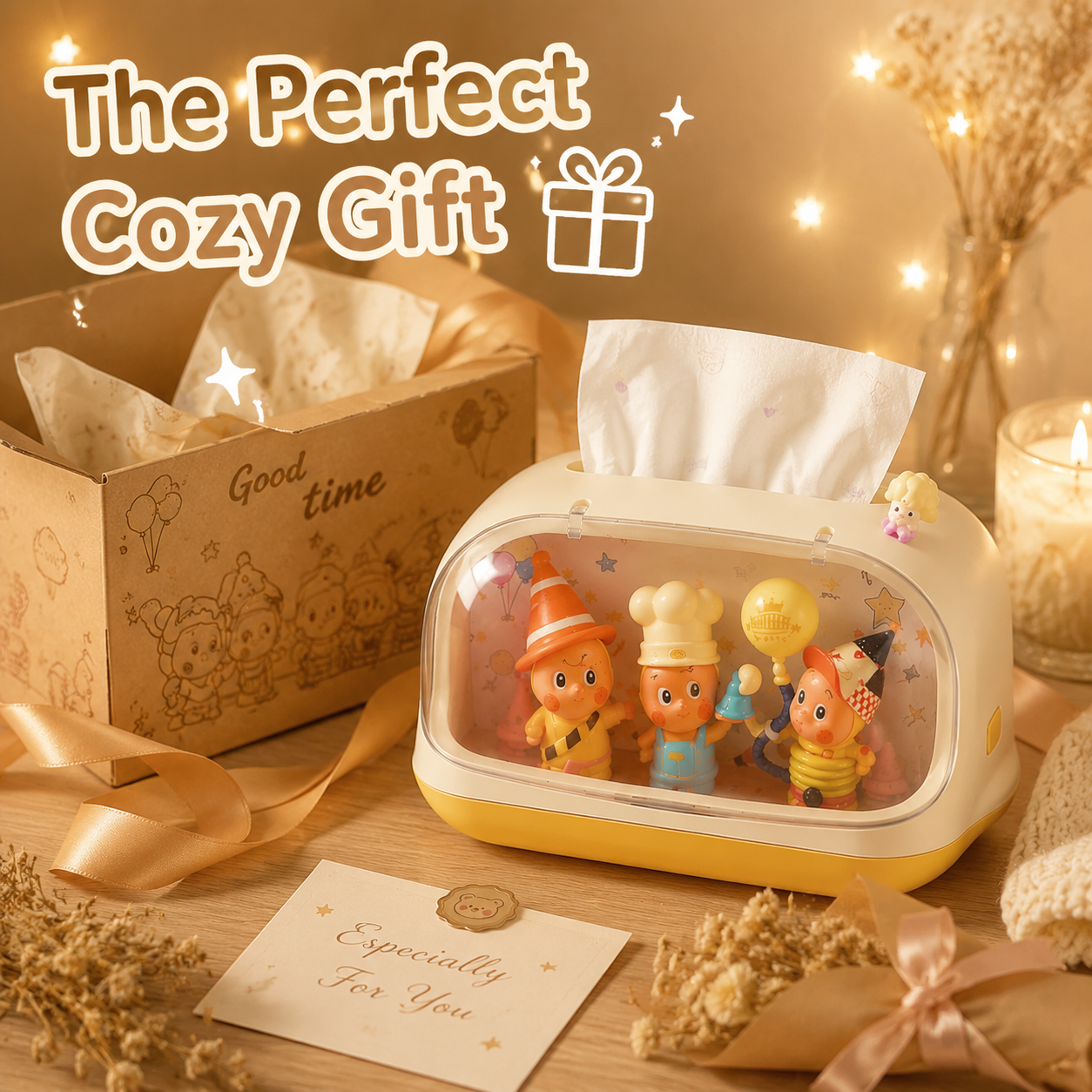 Figure Display Tissue Box Holder | Clear Window Collectible Showcase | Cute Desk Tissue Cover Decor