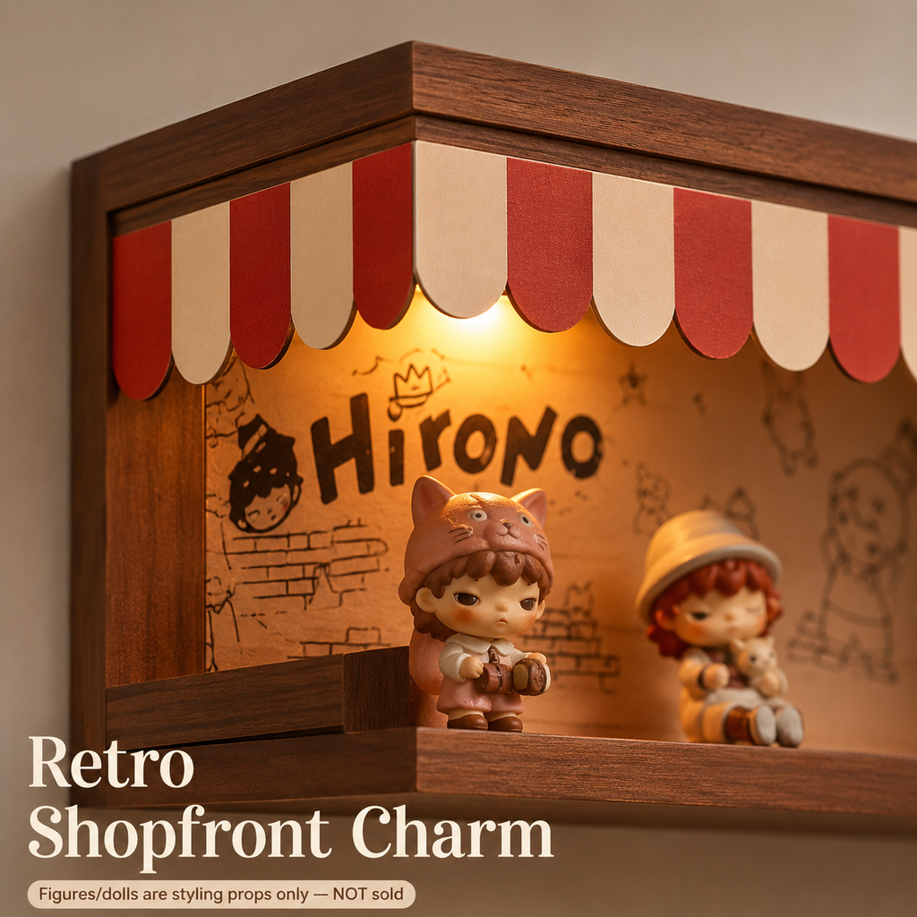 Corner Storefront LED Display Shelf | Wooden Awning Diorama Shelf | Wall Corner Figure Showcase Decor