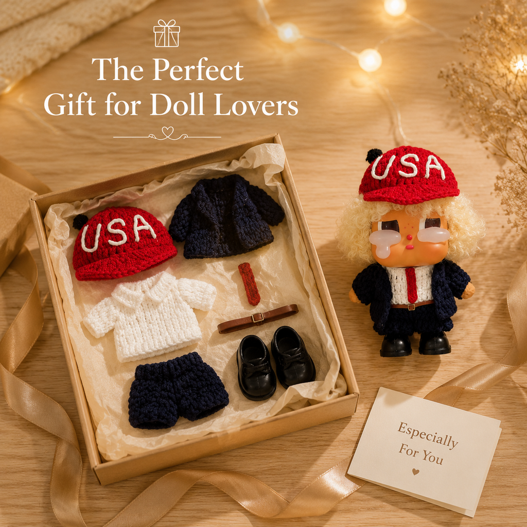 Handmade Knit USA Suit Doll Outfit | Statesman Blazer + Red Tie + USA Cap | Collectible Doll Clothes Set
