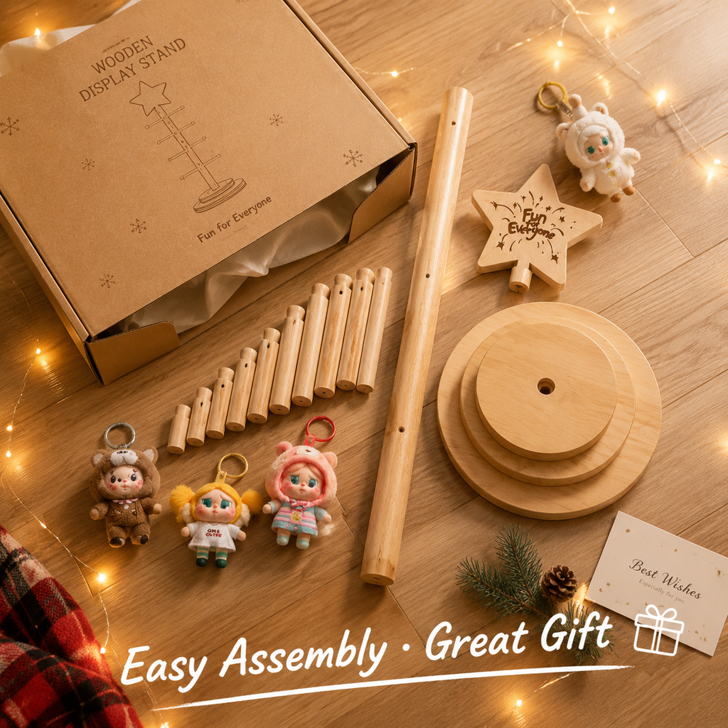Rotating Wooden Keychain Display Stand | Plush Charm Organizer Tree | Star-Top Collection Showcase