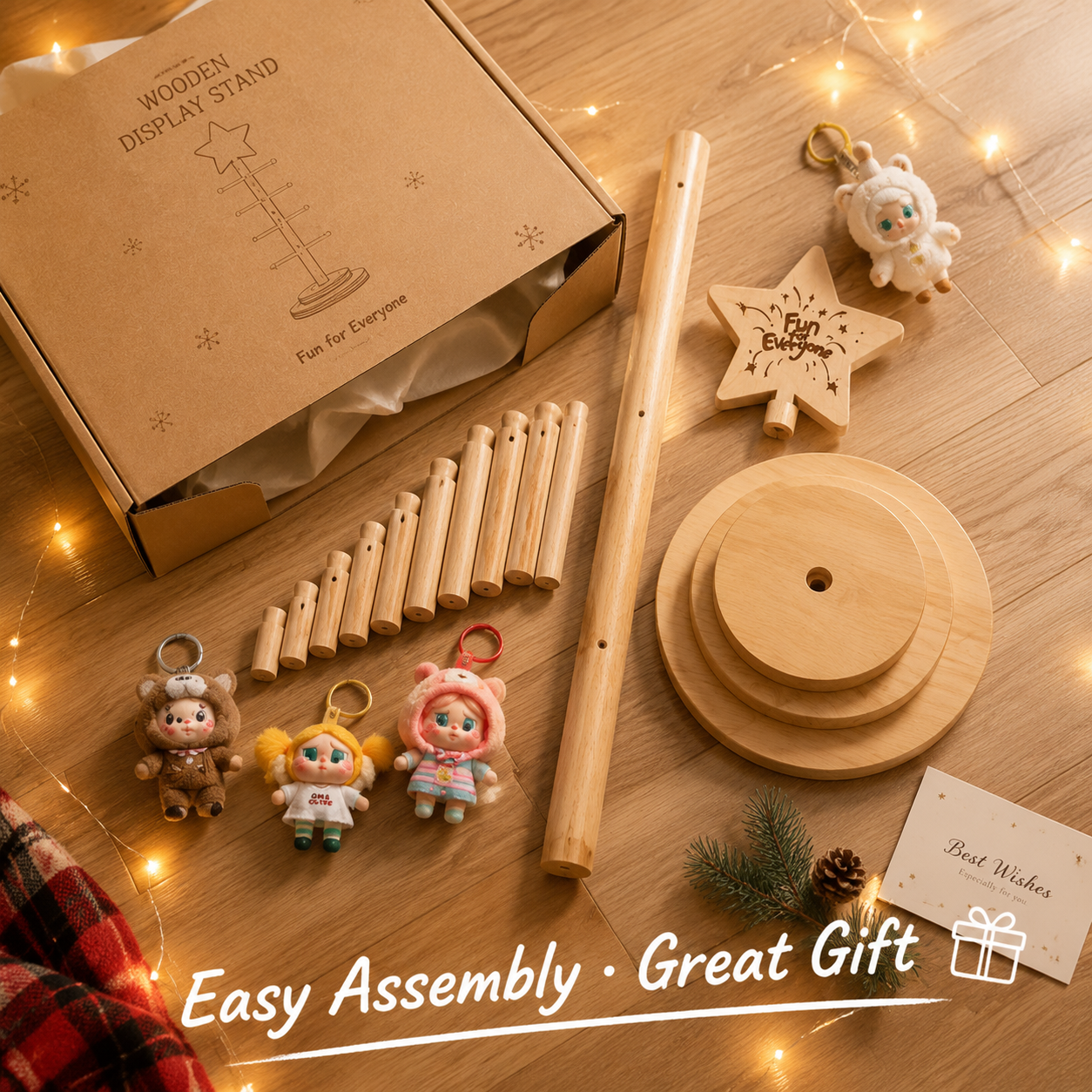 Rotating Wooden Keychain Display Stand | Plush Charm Organizer Tree | Star-Top Collection Showcase