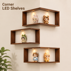 LED Corner Floating Shelves Set of 3 | Wall-Mounted Figure Display Shelf | Cozy Wood Collection Decor