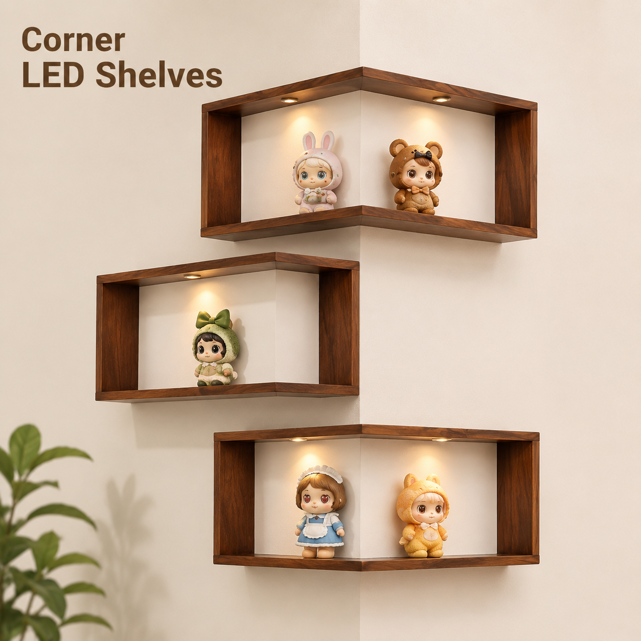 LED Corner Floating Shelves Set of 3 | Wall-Mounted Figure Display Shelf | Cozy Wood Collection Decor