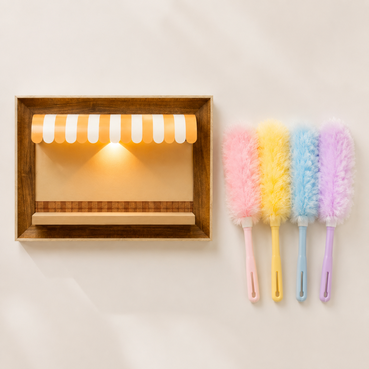 Wooden Storefront Shadow Box Shelf | LED Awning Figure Display | Cozy Wall-Mounted Diorama Decor