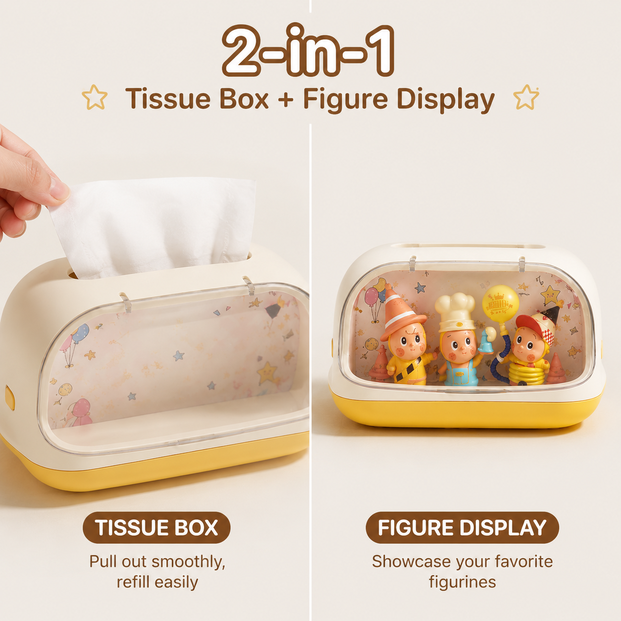 Figure Display Tissue Box Holder | Clear Window Collectible Showcase | Cute Desk Tissue Cover Decor