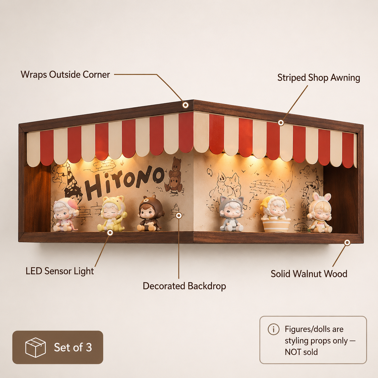 Corner Storefront LED Display Shelf | Wooden Awning Diorama Shelf | Wall Corner Figure Showcase Decor