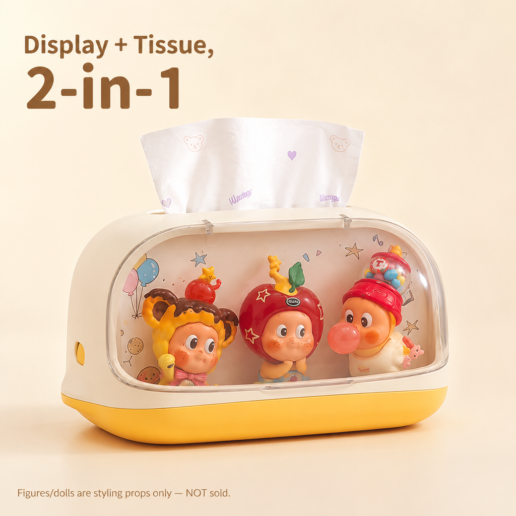 Figure Display Tissue Box Holder | Clear Window Collectible Showcase | Cute Desk Tissue Cover Decor