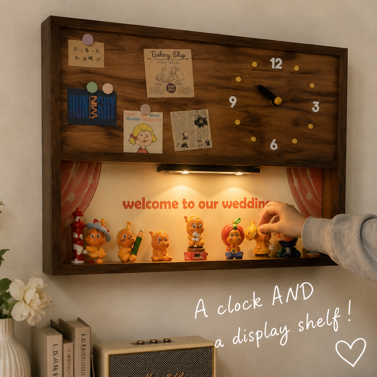 Silent Wall Clock Display Shadow Box | Figure Diorama + Motion LED Light | Meter Box Cover Decor