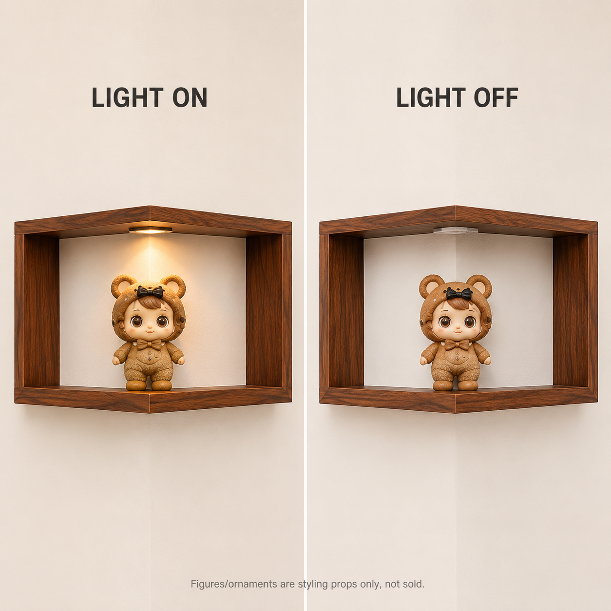 LED Corner Floating Shelves Set of 3 | Wall-Mounted Figure Display Shelf | Cozy Wood Collection Decor