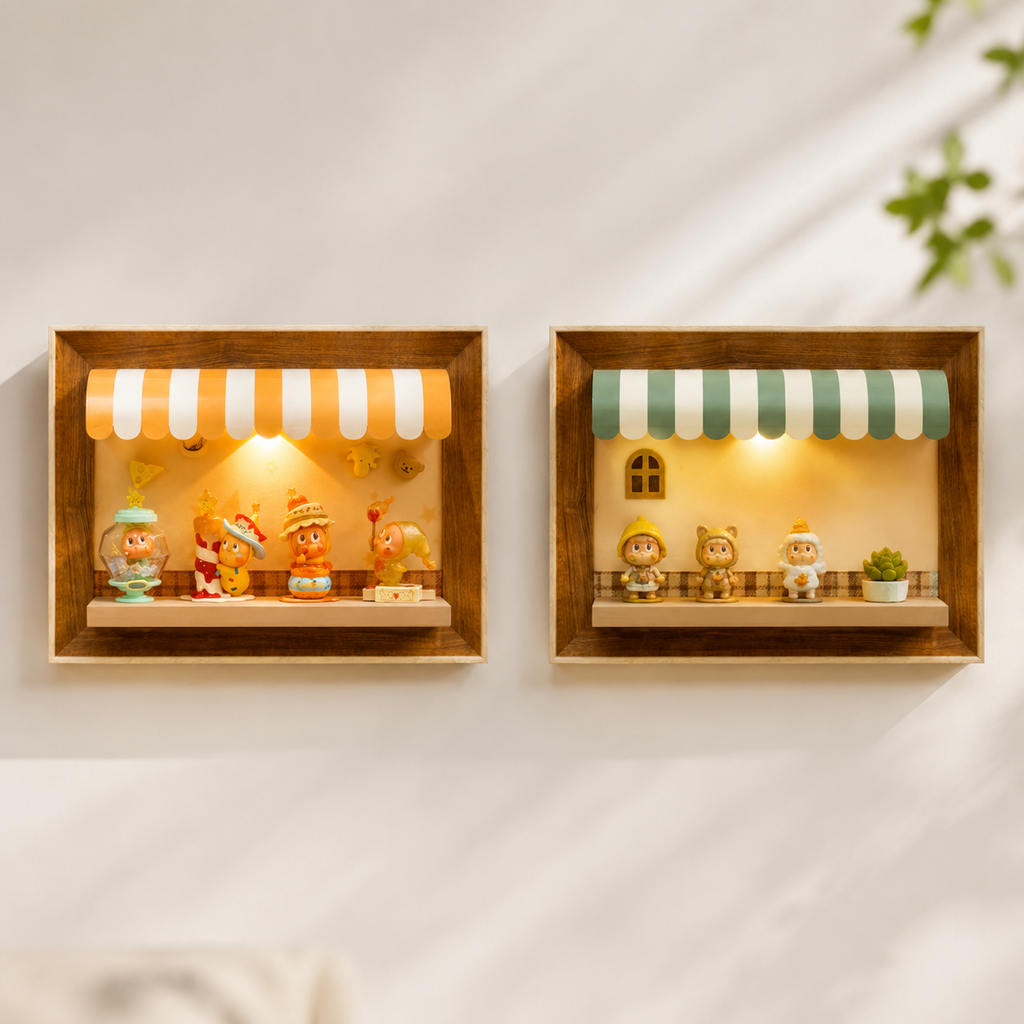 Wooden Storefront Shadow Box Shelf | LED Awning Figure Display | Cozy Wall-Mounted Diorama Decor