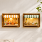 Wooden Storefront Shadow Box Shelf | LED Awning Figure Display | Cozy Wall-Mounted Diorama Decor