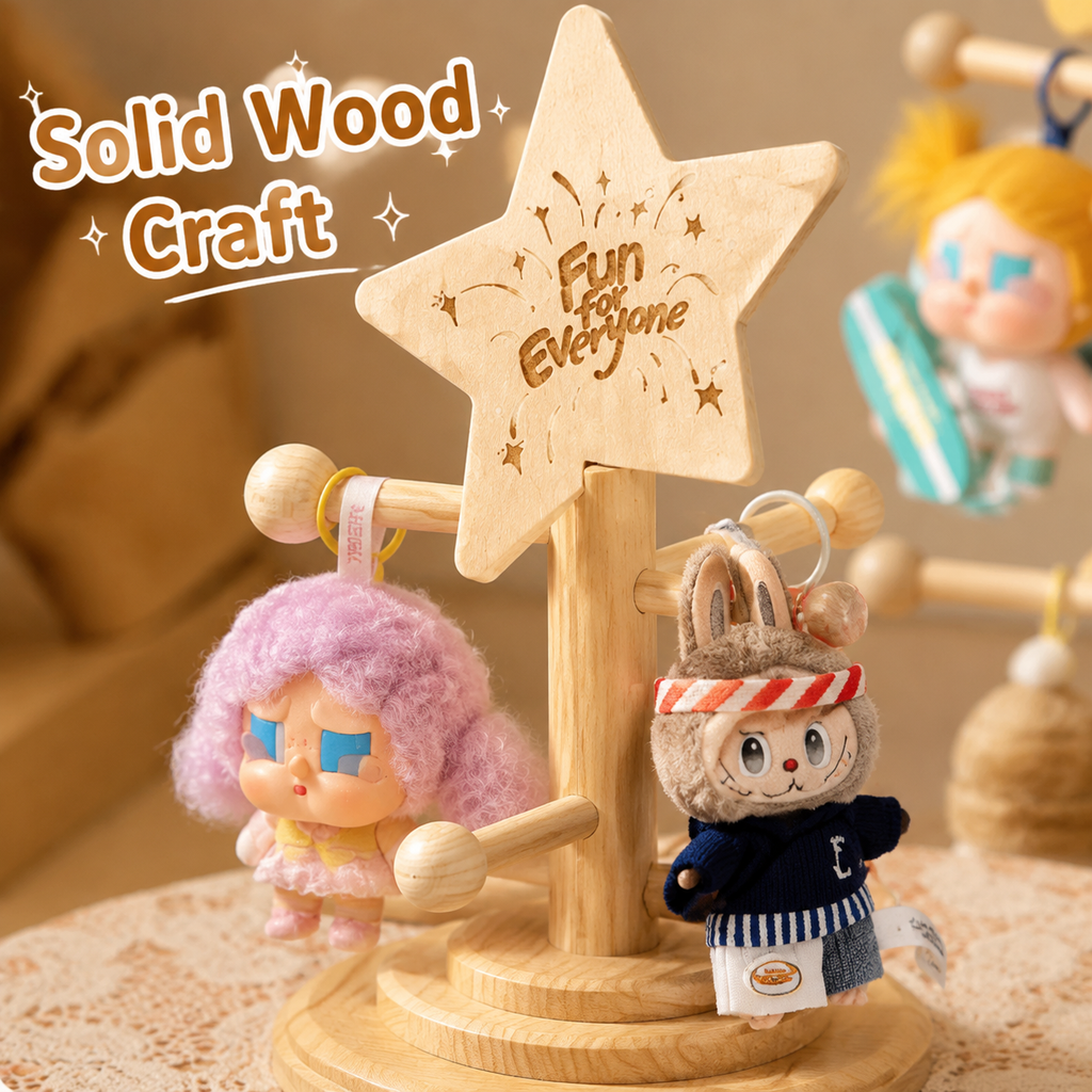 Rotating Wooden Keychain Display Stand | Plush Charm Organizer Tree | Star-Top Collection Showcase