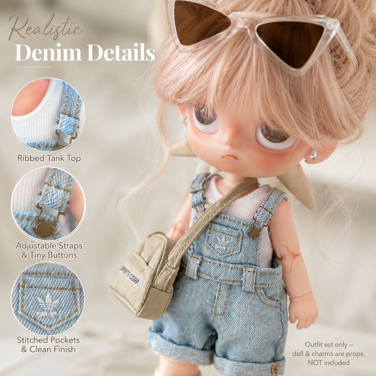 Denim Overall Doll Outfit Set | White Tank + Dungarees + Mini Bag | Casual Ball-Jointed Doll Clothes