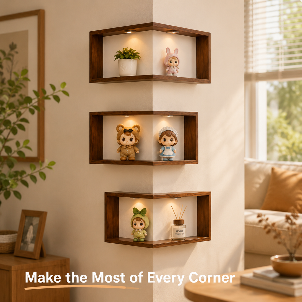 LED Corner Floating Shelves Set of 3 | Wall-Mounted Figure Display Shelf | Cozy Wood Collection Decor