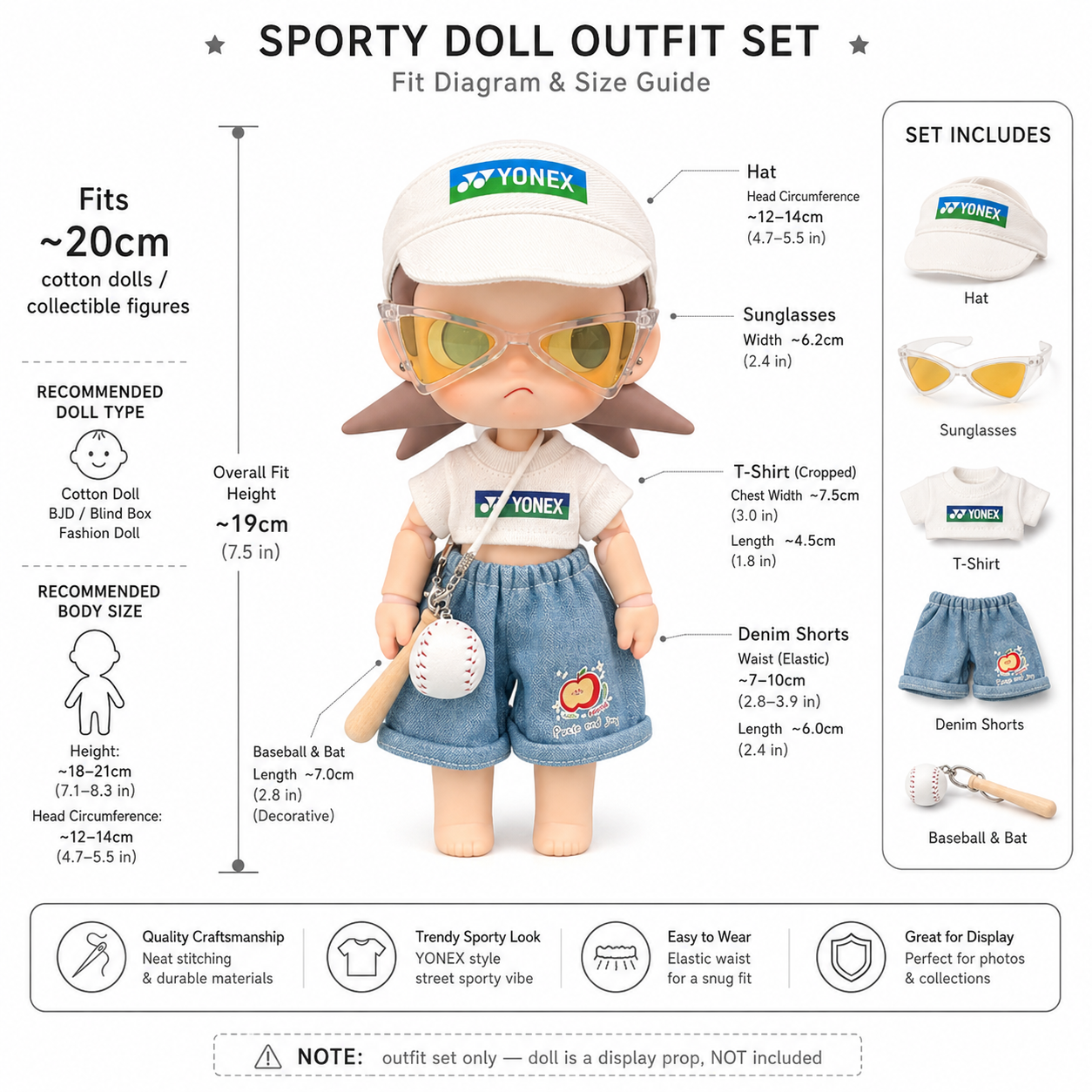 Sporty Visor Doll Outfit Set | Logo Tee + Denim Shorts + Sunglasses + Baseball Charm | Athleisure Doll Clothes