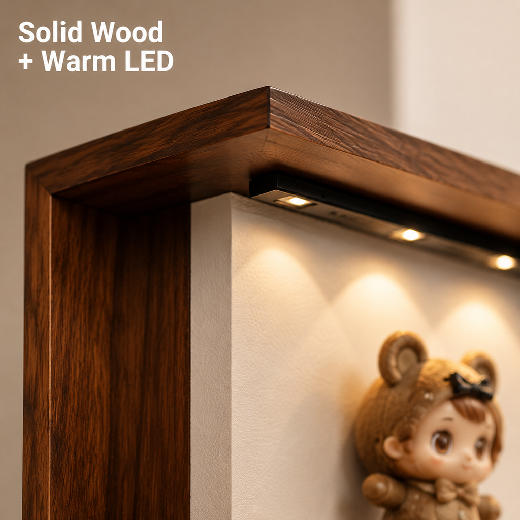 LED Corner Floating Shelves Set of 3 | Wall-Mounted Figure Display Shelf | Cozy Wood Collection Decor