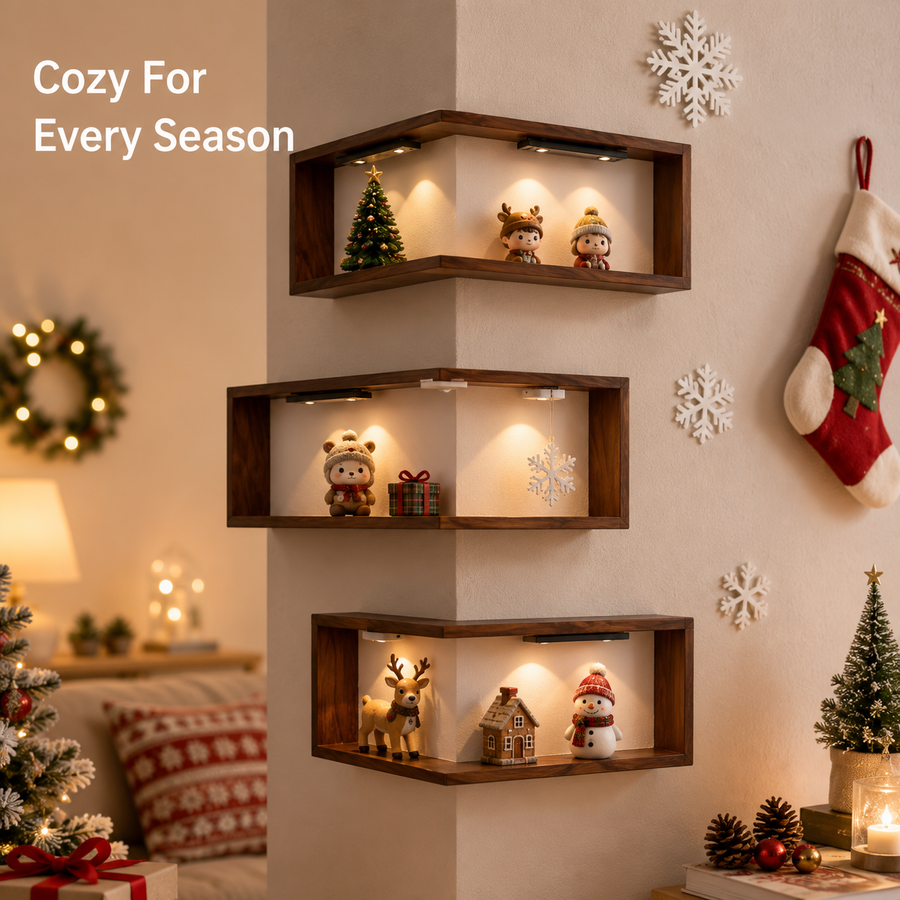 LED Corner Floating Shelves Set of 3 | Wall-Mounted Figure Display Shelf | Cozy Wood Collection Decor
