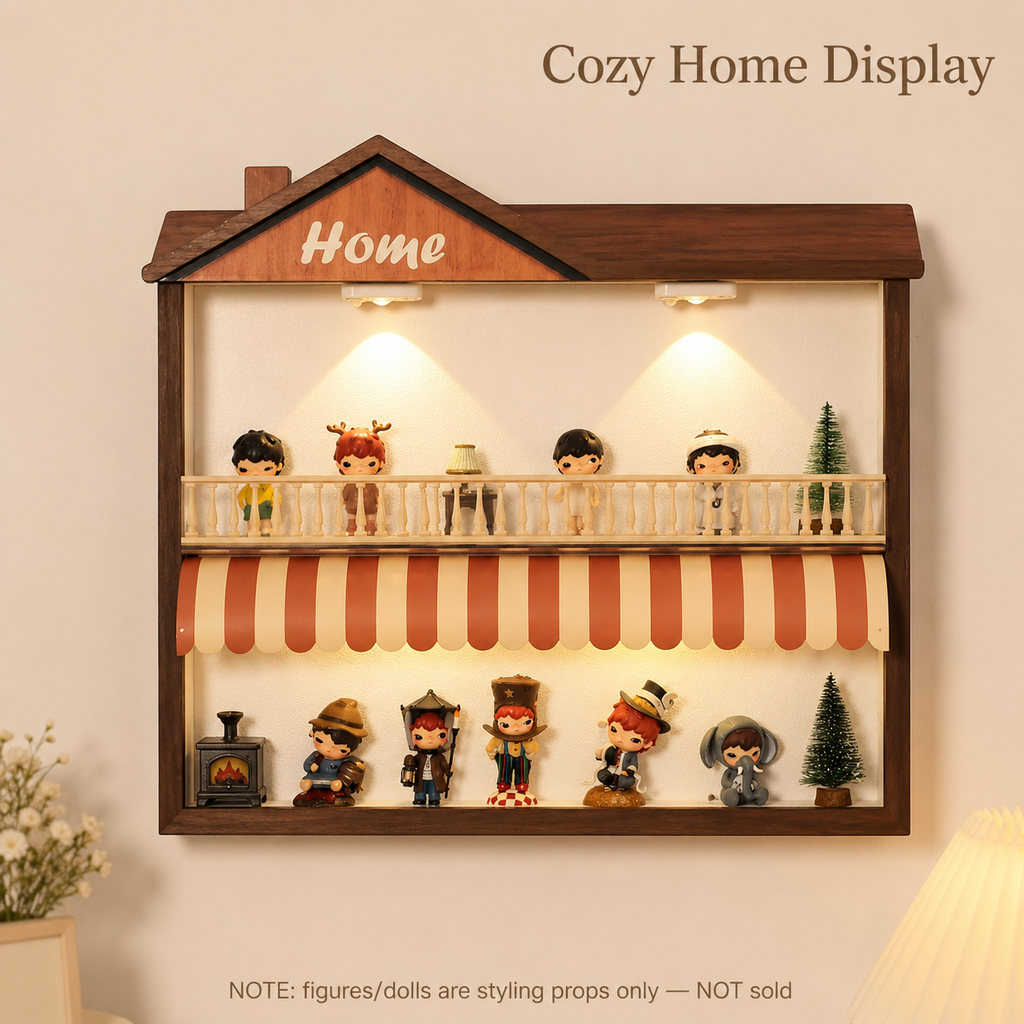 House-Shaped LED Shadow Box Shelf | Home 2-Tier Figure Display | Cozy Wall-Mounted Diorama Decor