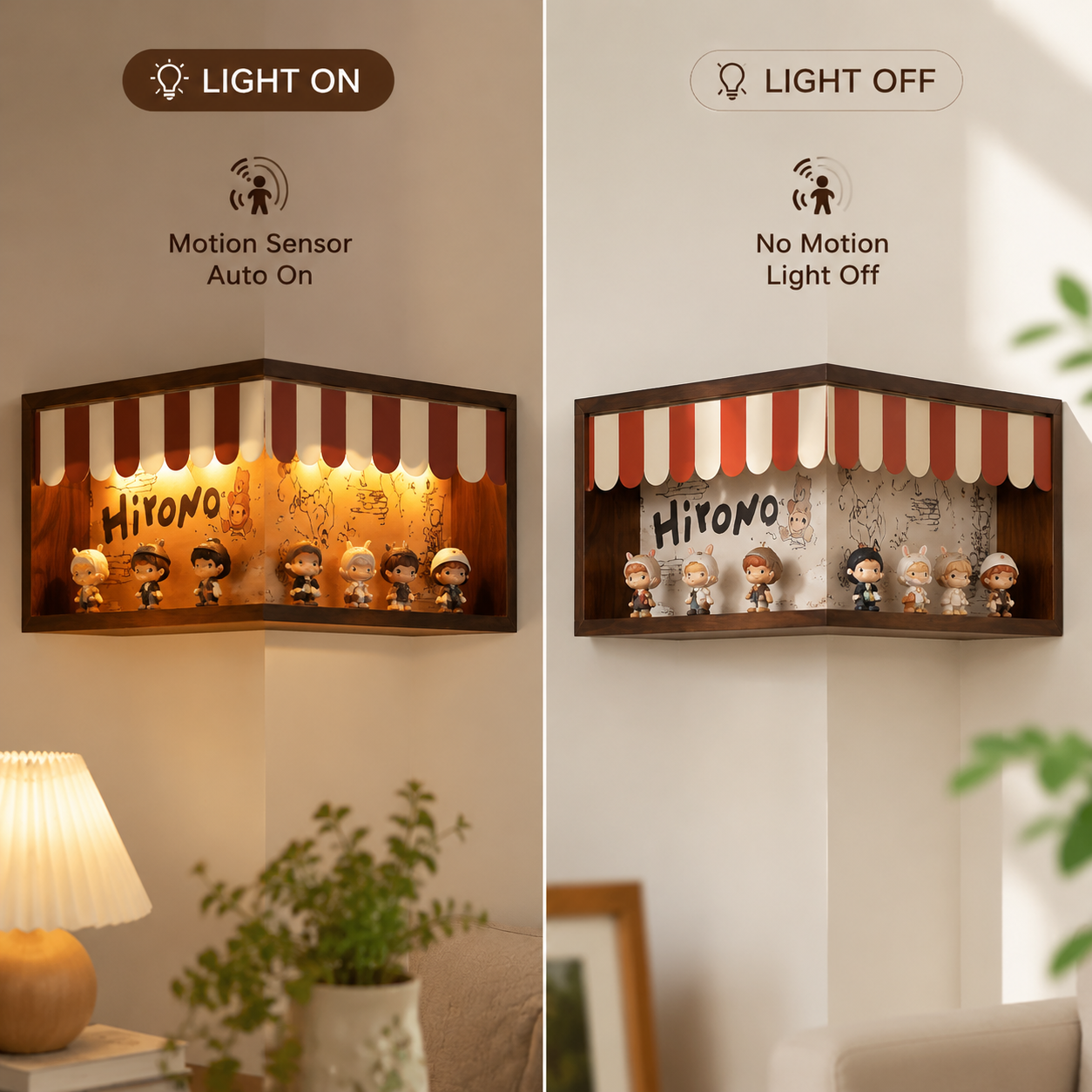 Corner Storefront LED Display Shelf | Wooden Awning Diorama Shelf | Wall Corner Figure Showcase Decor