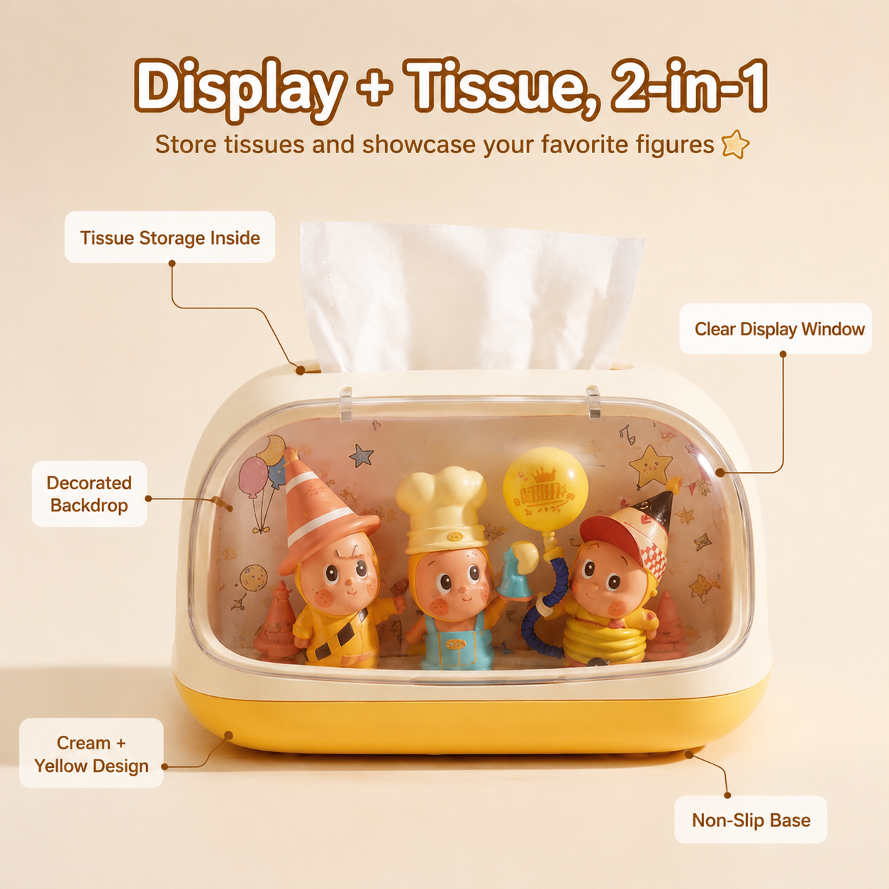 Figure Display Tissue Box Holder | Clear Window Collectible Showcase | Cute Desk Tissue Cover Decor