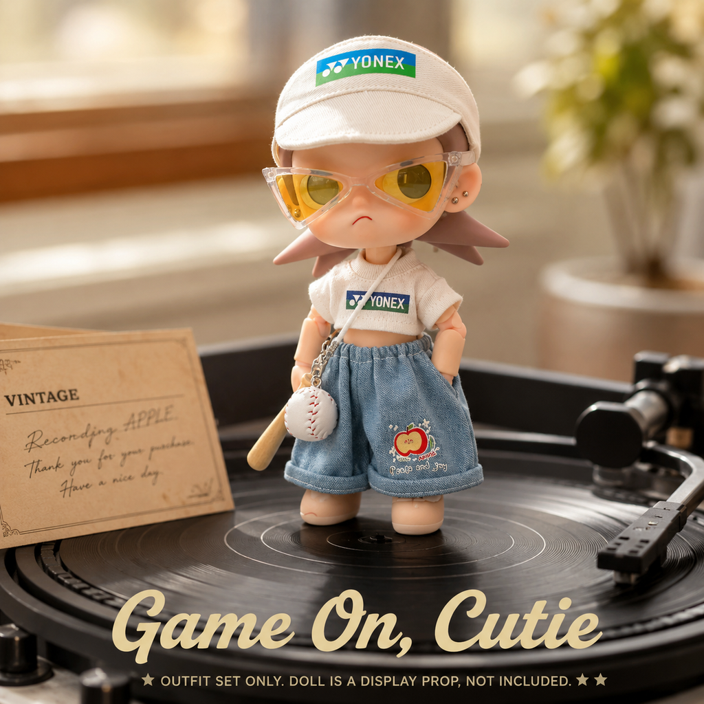 Sporty Visor Doll Outfit Set | Logo Tee + Denim Shorts + Sunglasses + Baseball Charm | Athleisure Doll Clothes