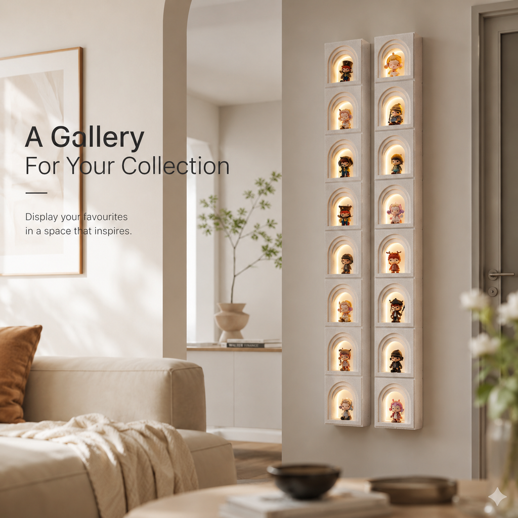 Tall Arched Niche LED Display Shelf | 8-Tier Corner-Wrap Figure Showcase | Vertical Wall-Mounted Collection Decor