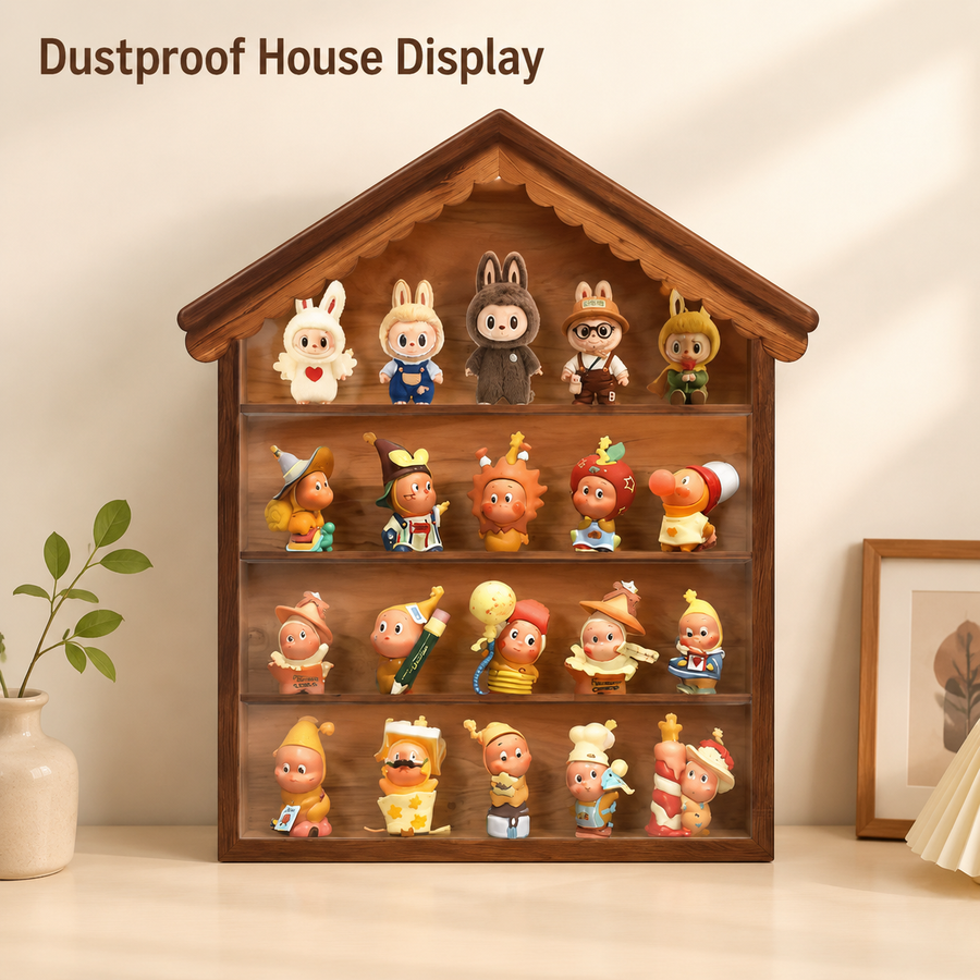 House-Shaped Wooden Display Shelf | 4-Tier Wall-Mounted Figure Showcase | Blind Box Collection Organizer