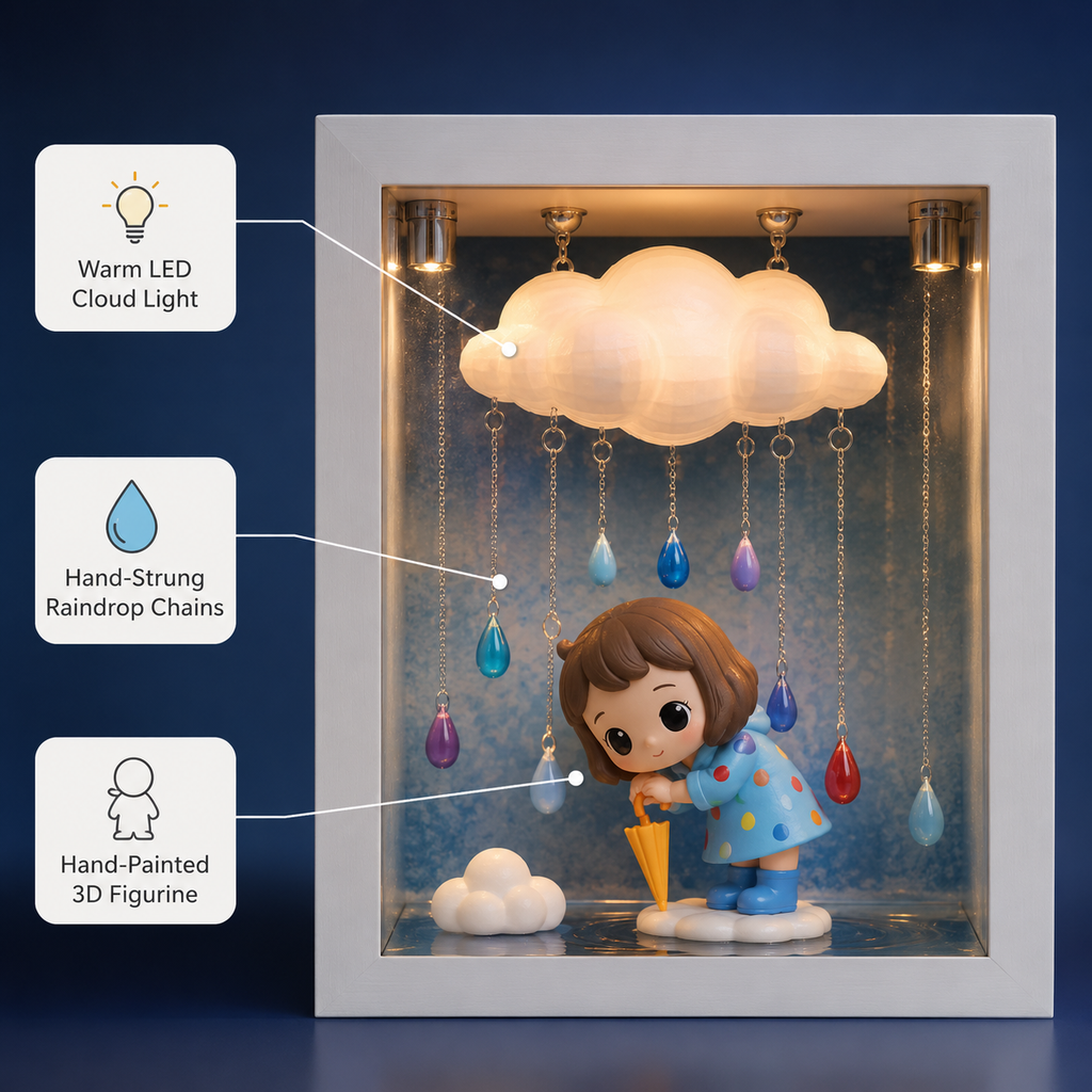 LED Rain Cloud Shadow Box Night Light | Glowing Cloud Figure Display Frame | Cozy USB Desk Lamp Decor