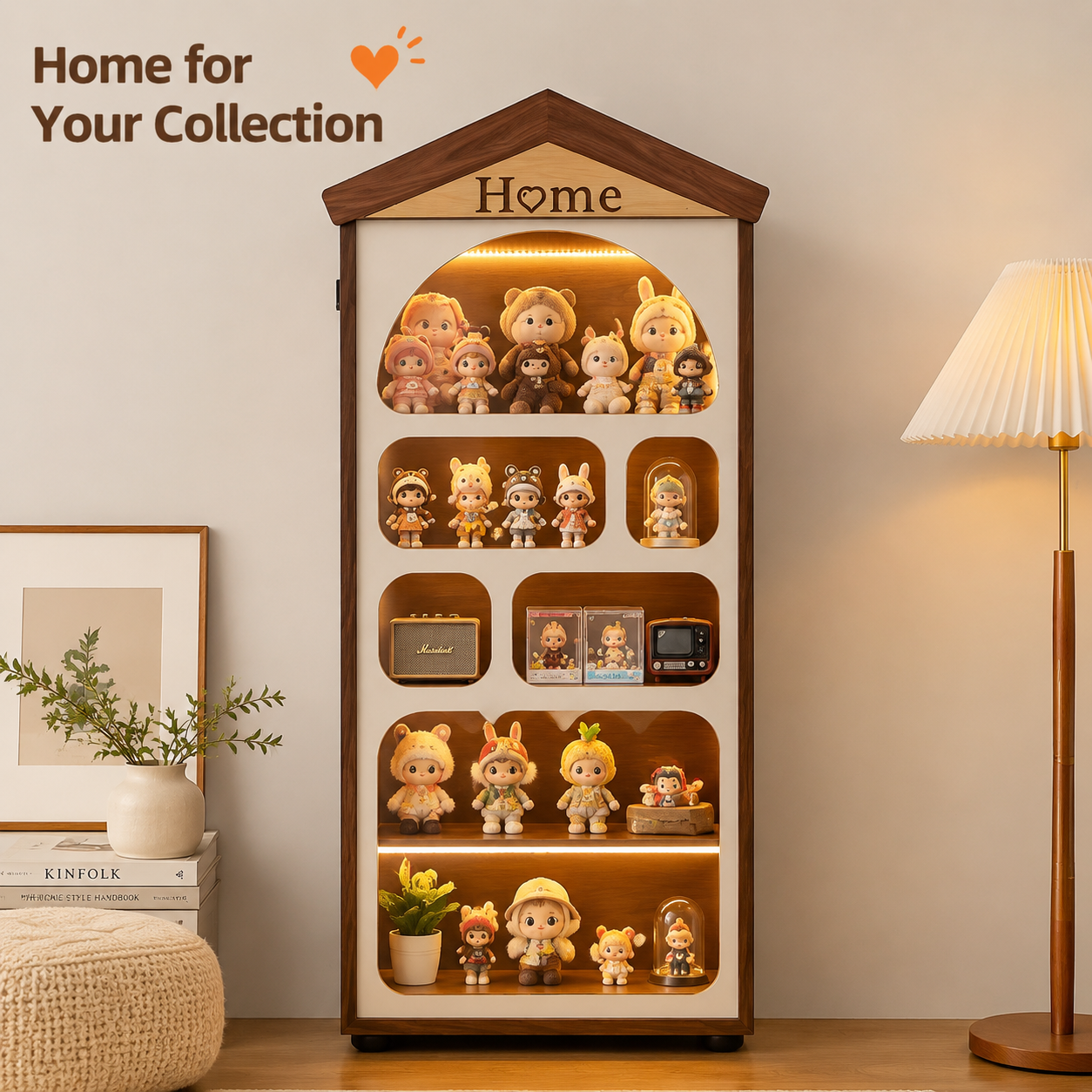 House-Shaped LED Display Cabinet | Floor-Standing Figure Showcase | 5-Tier Dustproof Collection Cabinet