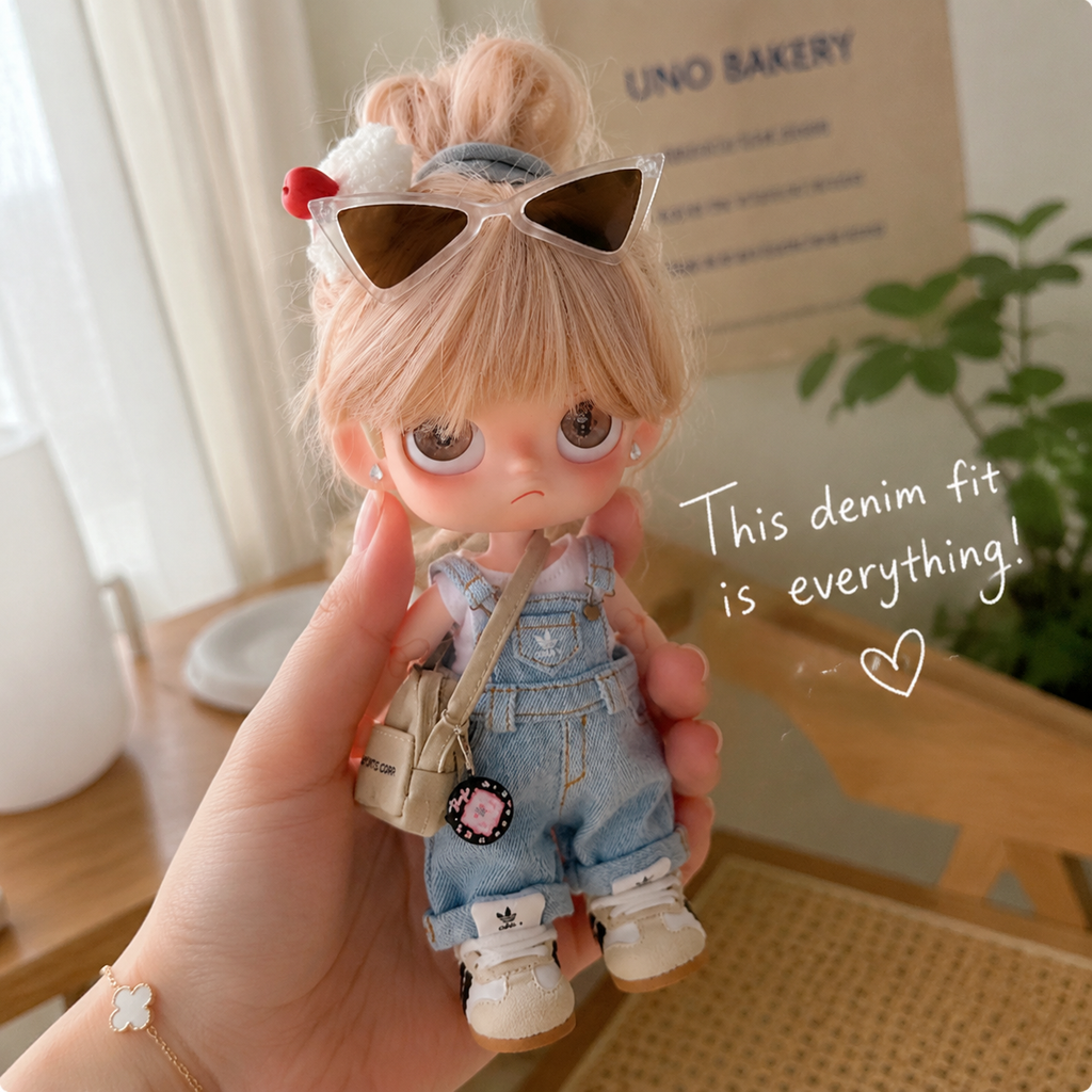 Denim Overall Doll Outfit Set | White Tank + Dungarees + Mini Bag | Casual Ball-Jointed Doll Clothes