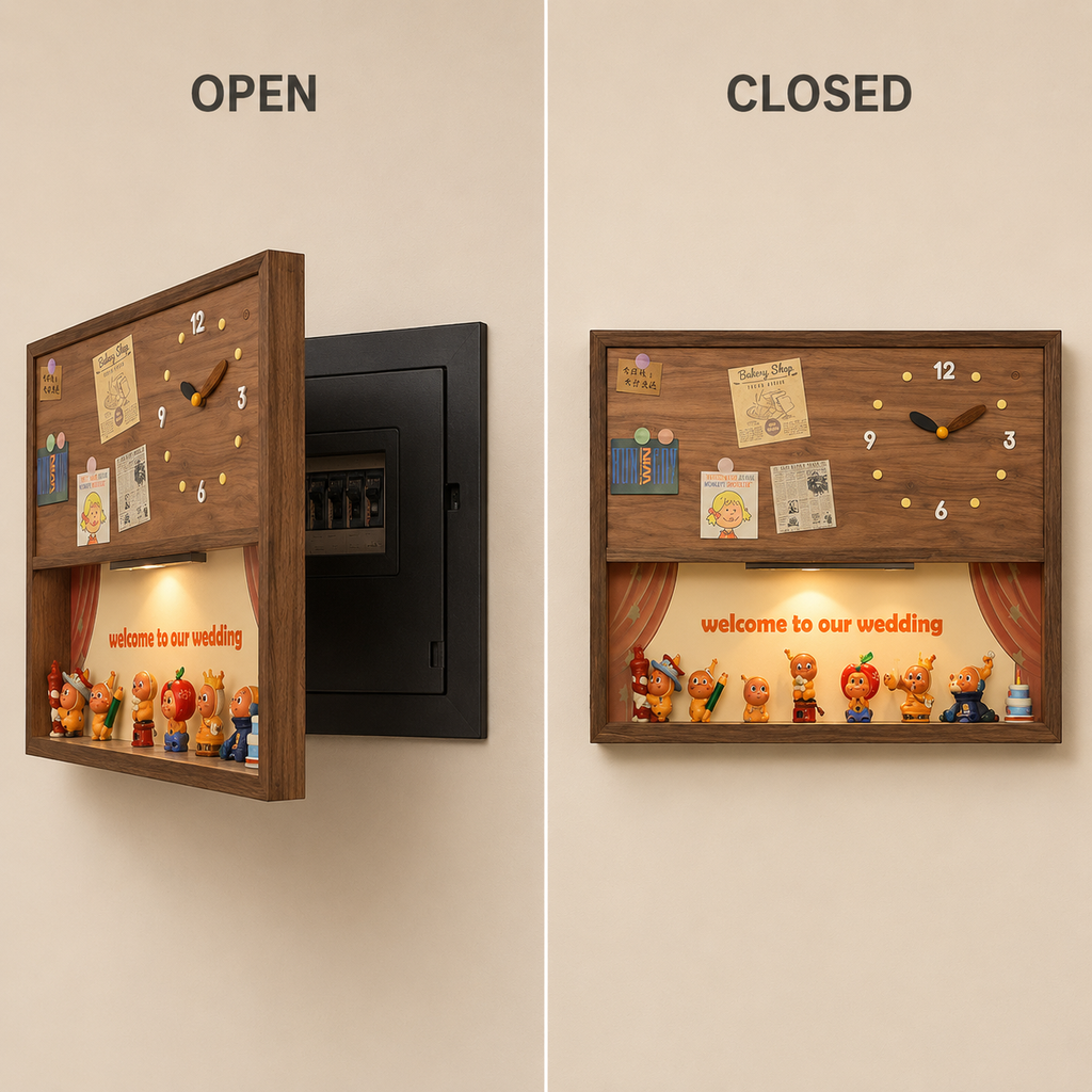 Silent Wall Clock Display Shadow Box | Figure Diorama + Motion LED Light | Meter Box Cover Decor