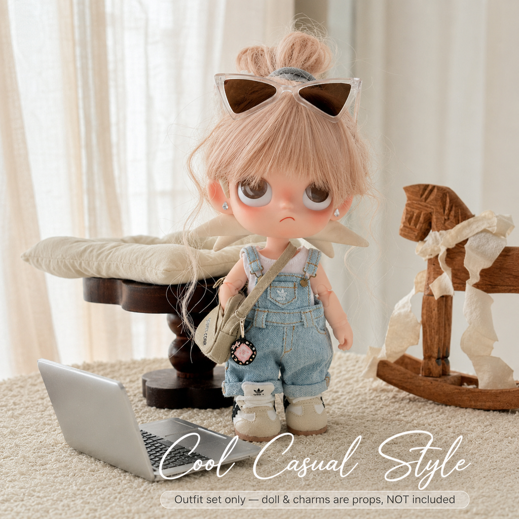 Denim Overall Doll Outfit Set | White Tank + Dungarees + Mini Bag | Casual Ball-Jointed Doll Clothes