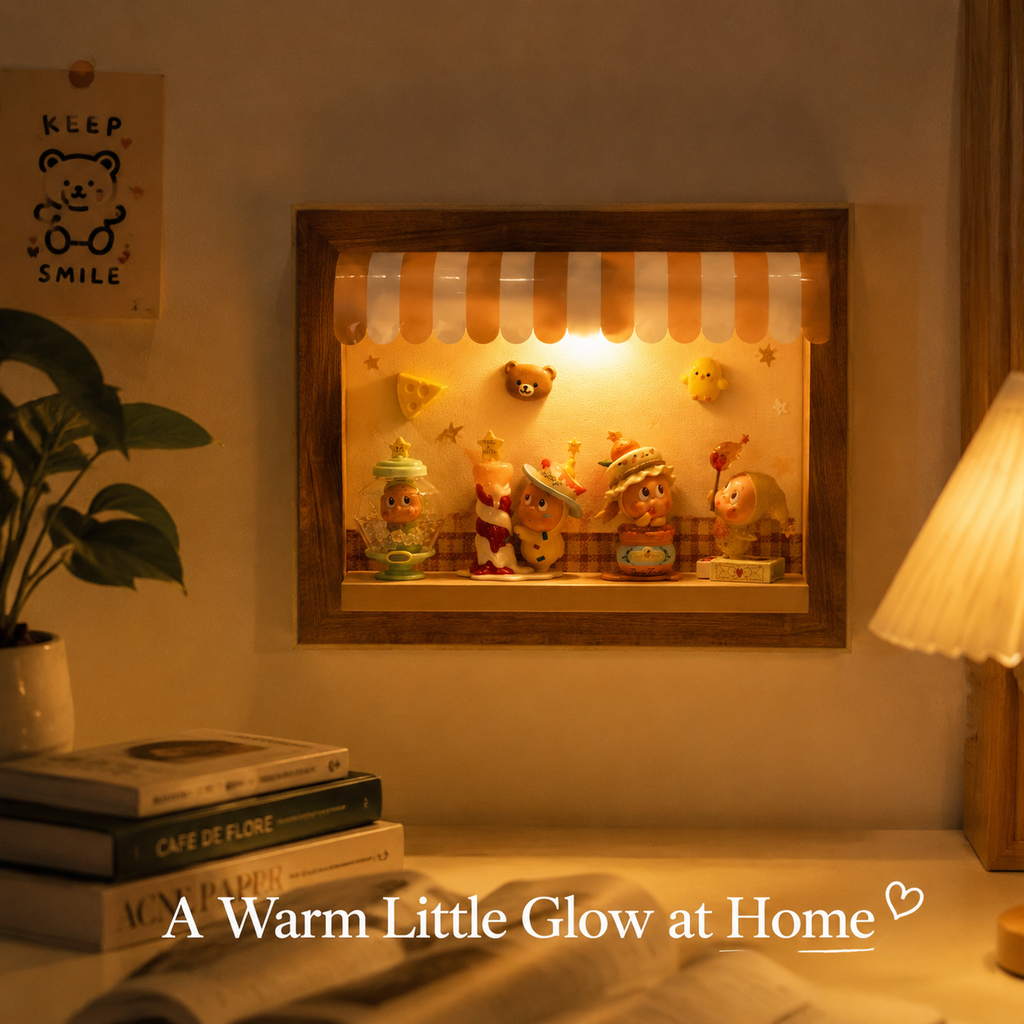 Wooden Storefront Shadow Box Shelf | LED Awning Figure Display | Cozy Wall-Mounted Diorama Decor