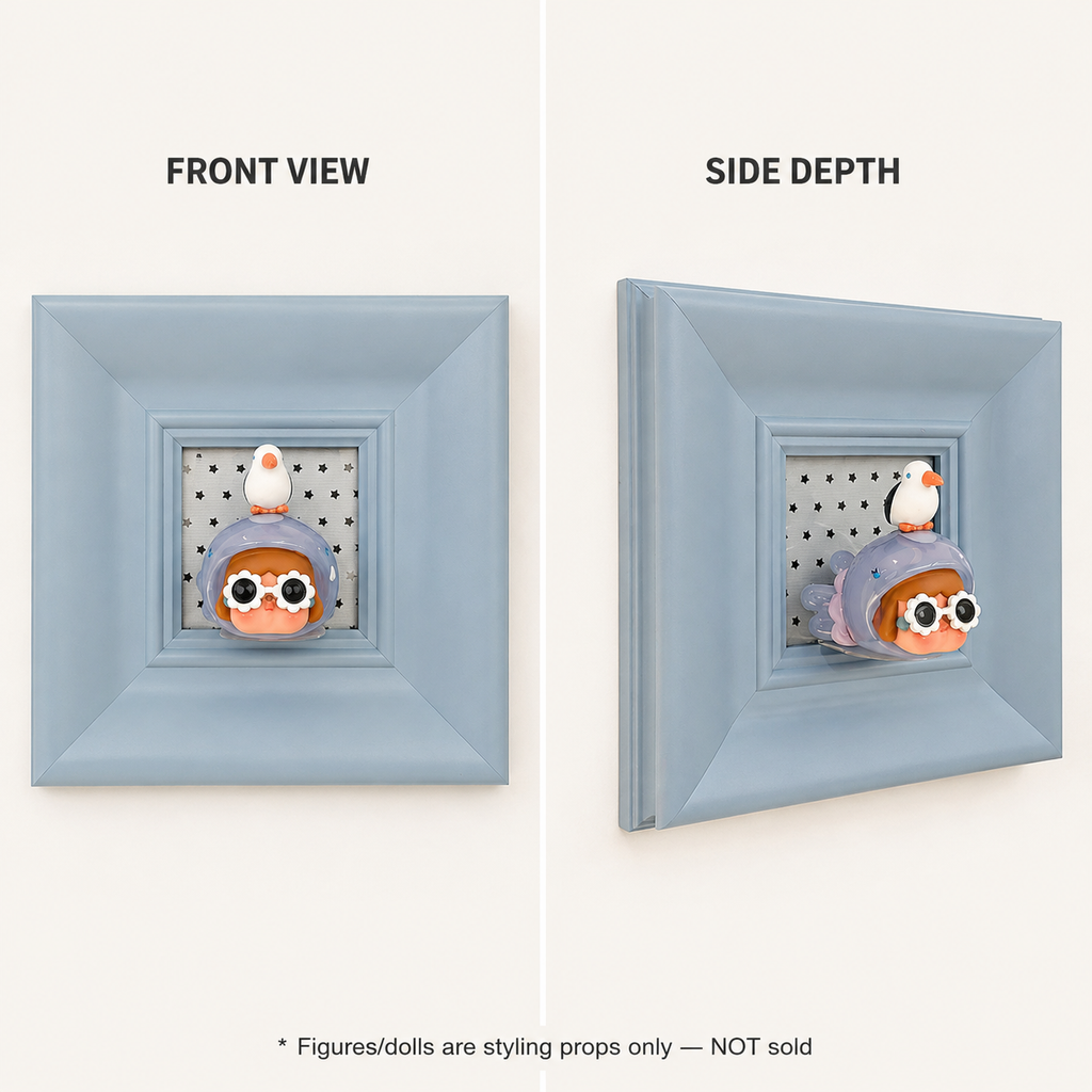 Blue Wall-Mounted Shadow Box Frame | Mini Figure Display Niche | Cute Deep Picture Frame Decor
