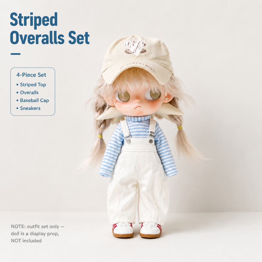Preppy Striped Overall Doll Outfit | Knit Top + Overalls + Embroidered Cap + Sneakers | Doll Clothes Set