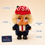 Handmade Knit USA Suit Doll Outfit | Statesman Blazer + Red Tie + USA Cap | Collectible Doll Clothes Set