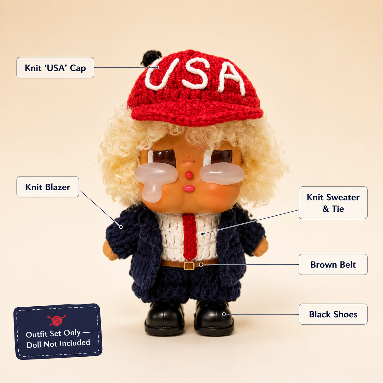 Handmade Knit USA Suit Doll Outfit | Statesman Blazer + Red Tie + USA Cap | Collectible Doll Clothes Set