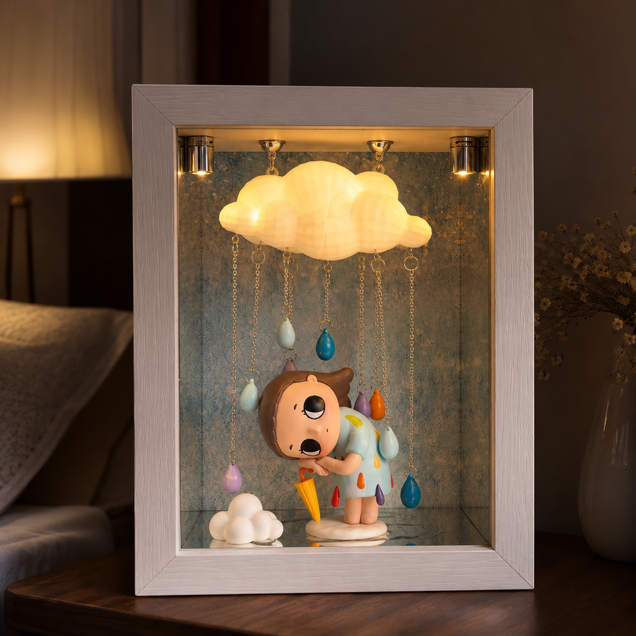LED Rain Cloud Shadow Box Night Light | Glowing Cloud Figure Display Frame | Cozy USB Desk Lamp Decor