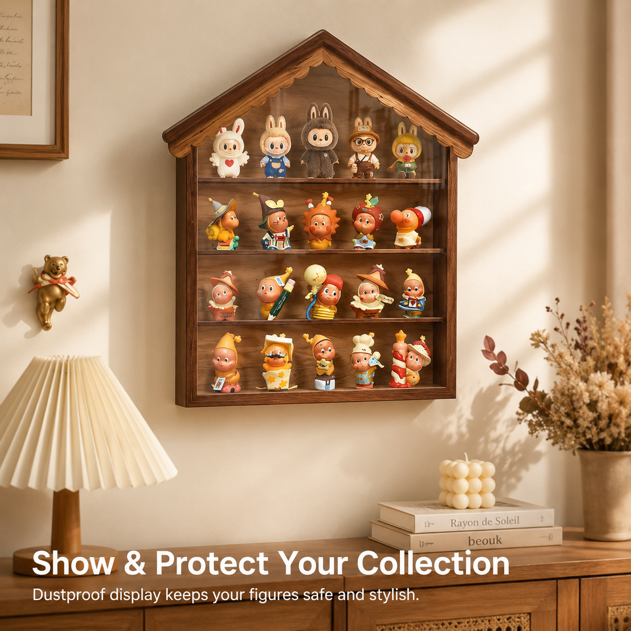 House-Shaped Wooden Display Shelf | 4-Tier Wall-Mounted Figure Showcase | Blind Box Collection Organizer