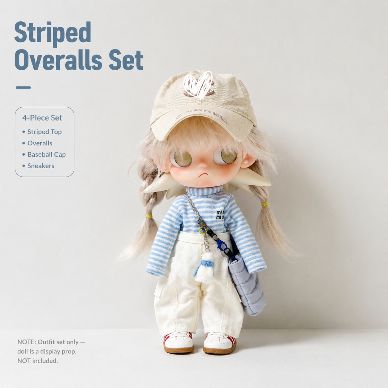 Preppy Striped Overall Doll Outfit | Knit Top + Overalls + Embroidered Cap + Sneakers | Doll Clothes Set