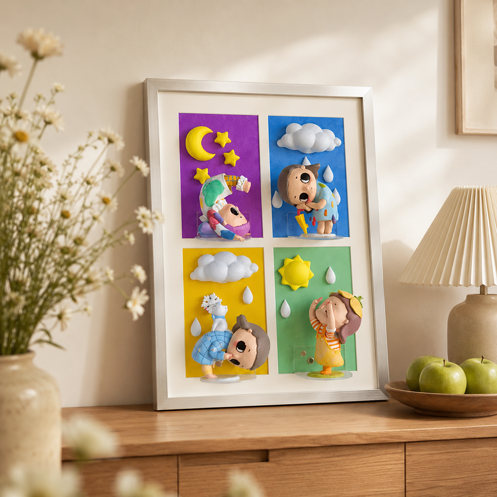 Handmade Clay Weather Mood Shadow Box | 3D Layered Wall Art Frame | Cute Figurine Display Decor Gift