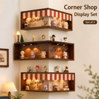 Corner Storefront LED Display Shelf | Wooden Awning Diorama Shelf | Wall Corner Figure Showcase Decor