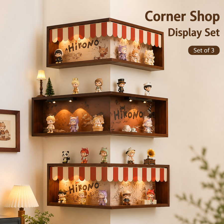 Corner Storefront LED Display Shelf | Wooden Awning Diorama Shelf | Wall Corner Figure Showcase Decor
